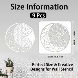 INFUNLY Wall Stencils for Painting 12X12 inches Reusable Moon Tile Stencil Star Sun Wall Stencil Mandala Painting Stencils on Wood Large 9PCS Household Paint Wall Stencils for Painting Floor Furniture