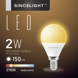 SINCELIGHT SINCELIGHT LED Glhbirnein (P45-Lampe) mit E14-Sockel, 2 Watt, Warmwei?(2700K), 150 Lumen, entspricht 15W, SES kleine Edison-Schraube, 6 Stck