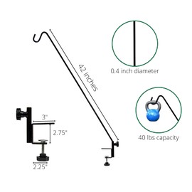 JCs Wildlife 42-Inch Heavy Duty Deck Hook with Non-Slip Clamp - Extended Reach Solid Steel Metal Deck Hook for Bird Feeders, Hanging Plants, Wind Chimes, Suet Baskets & More - 40 lbs Capacity (2-Pack)
