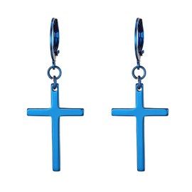 Flongo Men's Creole Earrings Stainless Steel Silver Black Rose Gold Blue Colourful Stud with Chain Cross Pendant Vintage Men Women, Stainless Steel, blue