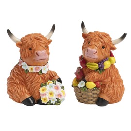 Bechivie 2Pcs Fall Highland Cow Figurine Decor, Resin Highland Cow Gifts for Thanksgiving, Scottish Home Kitchen Table Tiered Tray Statue Decoration