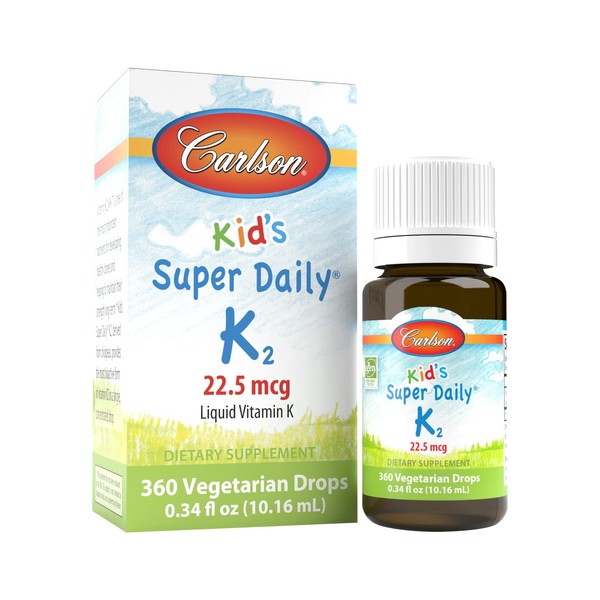 Carlson - Kid's Super Daily K2, 22.5 mcgLiquid Vitamin K, Circulation & Blood Health, Bone Health, K2 Vitamin, Vitamin K Supplement, Vitamin K-2 MK7, Unflavored, 360 Drops