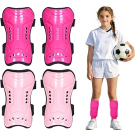 Espinilleras de fútbol para niños, 2 Pares, Equipamiento de fútbol Juvenil con Correas, espinilleras Protectoras para niños y niñas pequeños (Rosa Fucsia + Rosa empolvado, S)
