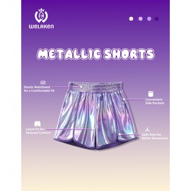 Girls Metallic Shorts Kids Shiny Hot Pants Elastic Waistband Shorts with Pockets,Purple,6-7Y