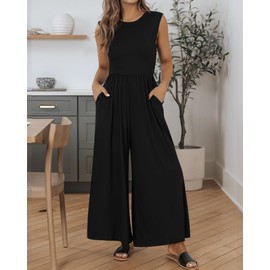 BTFBM Womens Casual Jumpsuits Dressy 2025 Summer One Piece Outfits Crew Neck Sleeveless Knit Wide Leg Pants Romper(Black, Large)