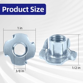 3/8"-16 T-Nuts zinc Plated Steel, 4-Pronged Tee Nut for Wood, Rock Climbing Holds, Furniture, 50 PCS