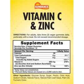 Sundance Vitamin C and Zinc Gummies | 36 Count | Lemon Flavor | Vegan, Non-GMO, and Gluten Free Supplement
