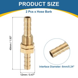 sourcing map 2Pcs 1/4" Hose Barb Fitting, Brass Hex Head Straight Union Hose Pipe Water Bulkhead Fitting for Water Fuel Air, Brass Tone