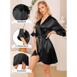 Lovasy Silk Dressing Gown for Women UK Short Ruffle Satin Robe Bride Bridesmaid Robe Soft Silk Robe Satin Dressing Gown Summer Kimono Dressing Gowns V-Neck Satin Silky Bathrobe,Black,XL