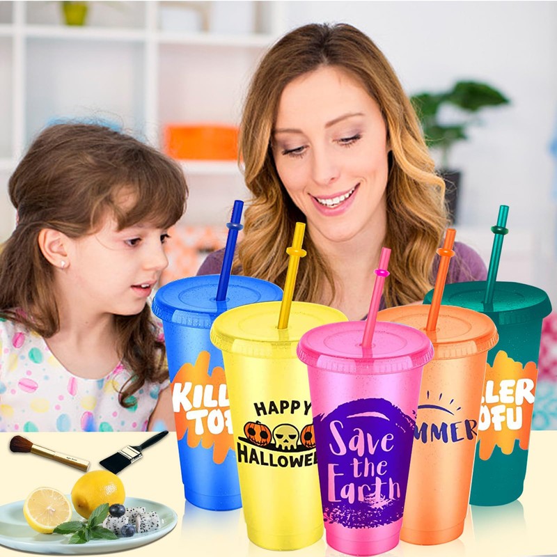 xocome 5 PCS Plastic Cups with Lids & Straws, 24OZ