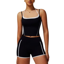 IDOPIP Women's 2-Piece Sports Set for Fitness: Gym Set with Padded Bra and Short Leggings with Pockets - Summer Sportswear for Yoga, Pilates and Workout, black, S