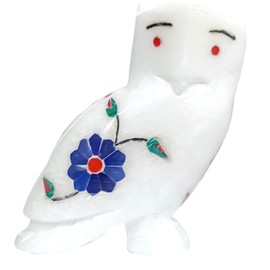 Purpledip Marble Statue 'Ogling Owl': Gemstone Inlay Collectible Showpiece Gift (12111)