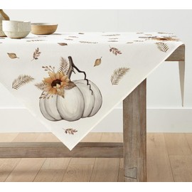 Artoid Mode Stripes Pumpkins Leaves Autumn Tablecloth, Seasonal Table Linen, Kitchen Table Decoration, Indoor, Holiday, Party Decor, 85 x 85 cm