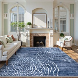 LIVEBOX 8x10 Modern Area Rugs for Living Room, Abstract Non-Slip Washable Rugs, Minimalist Wave Striped Neutral Boys Girl Nursery Area Rug for Bedroom, Carpet for Playroom Office(Navy Blue,8'x10')