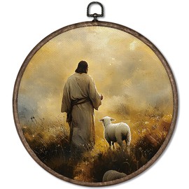 GWFSJYU Jesus Lamb Framed Wall Art, Christian Lamb Church Round Canvas Prints Wall Art, Jesus Decor, Vintage Sheep Religious Wall Hanging Decor for Living Room Bedroom, 10”x10”inch