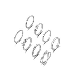 8PCS 14K Sliver Plated Stacking Ring Set for Women X Ring Diamond Open Twist Teen Dainty Thumb Stackable Rings Gold Statement Rings Plain Band Size (8)