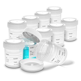 RE-GEN 10x RE-GEN 60ml Clear Specimen Liquid Container Sample Pots - Secure Fit Screw Top White Lids & Printed Clear Identification ID Label