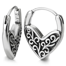 Stainless Steel Heart Shape Hoop Earrings with Filigree, Drop Huggie Hinged, for Women, Unique, Stainless Steel, No Gemstone