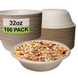 [100 Pack] 32 oz Round Disposable Compostable Paper Bowls Heavy-Duty, Eco-Friendly Natural Bagasse Unbleached, Heat Resistant, 100% Biodegradable Salad Bowls Alternative to Plastic