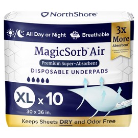 NorthShore MagicSorb Air, 30 x 36, 60 oz., Super-Absorbent Disposable Underpads, X-Large, Pack/10