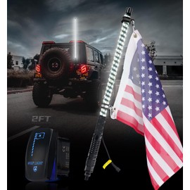Xprite 1PC 2FT White Spiral LED Whip Lights with Built-in Spring Base, Safety Lighted Antenna Whip Pole w/Rocker Switch American Flag, Compatible with SXS ATV UTV Polaris RZR Can-am Trucks Jeep