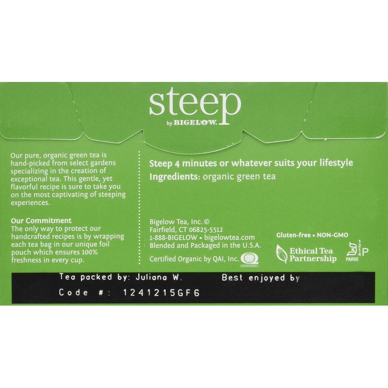 steep by Bigelow Organic Pure Green Tea, 20 Count (Pack