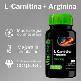 L-Carnitina + Arginina | 400 mg | 60 cápsulas | Suplemento Alimenticio para Energía, Circulación y Quema de Grasa