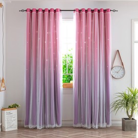 Yancorp Kids Curtains for Girls Bedroom Princess Curtains for Daughter Room 84 Inches Long Star Curtains with Tieback & 3 Bowties(Pink Purple,W52*L84),1 Panel