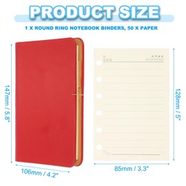 PATIKIL 6 Ring Binder Cover, A7 Leather Notebook Binder Mini Refillable Loose Leaf Personal Planner with 50 Sheets Line Paper, Red