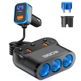 Qidoe 9 in1Cigarette Lighter Splitter,360W 3 Socket Car Charger Adapeter,3*PD&QC 108W,12V/24V Car Socket Adapter with Independent Switches & LED Voltage Display for All Car Devices