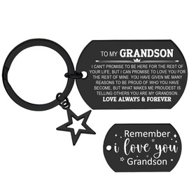 To My Grandson Inspirational Keychain - Black Remember I Love You Star Pendant Keychains for Teen Boys Men Birthday Graduation Christmas Stocking Stuffers Grandson Gifts from Grandma Grandpa