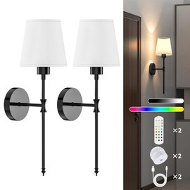 Viyawise Wall Lights Set of 2 with 2 Bulbs, 2 Type-C Cables & 2 Remotes – Battery Operated Wireless Wall Sconces, 9-Color Modes Rechargeable Lamps for Bedroom & Living Room:_black