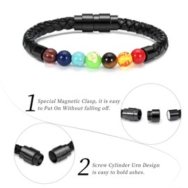 Urn Bracelet for Ashes - Cremation Jewellery Lava Stone Urn Bracelet for Ashes for Women Men Chakra Healing Balancing Genuine Leather Memorial Bracelets, Stainless Steel, No gemstone