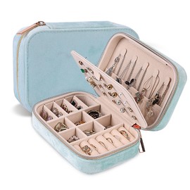 Dajasan Velvet Jewelry Boxes, Mini Travel Jewelry Case, Small Portable Travel Jewelry Organizer Box for Earrings Bracelets Rings Necklace (Cyan Blue)
