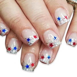 Independence Day Press on Nails Short Square Fake Nails with Red Blue Star Designs Pink Glue on Nails Glitter False Nails Press ons 4th of July Stick on Nails for Women 24 Pcs