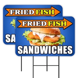 Vista Products Fried Fish Sandwiches 2 Pack Double-Sided Yard Signs 16" x 24" with Metal Stakes (Made in Texas)