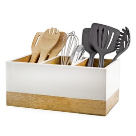 AuldHome Wood/Enamel Utensil Holder, Mango Wood 3-Compartment Farmhouse Cooking Caddy or Spoons/Forks/Knives Storage