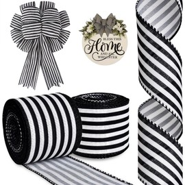 Mupera 2 Rolls Black & White Stripe Burlap Ribbon - 2.5" x 20 Yards Wired Edge Ribbon for Big Bows, Wreaths, Christmas Tree, Gift Wrapping 2-1/2 Inch (10yds/roll)