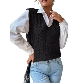 RefindWin Womens Sweater Vest Casual V Neck Cable Knit Solid Sleeveless Tank Tops Black XXL