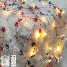 Christmas Red White Blue Star Garland with Lights, 14Ft 40 LED Patriotic Fairy Lights Battery Operated with Timer, 4th of July Christmas Garland Lights for Memorial Day Independence Day Xmas Decor