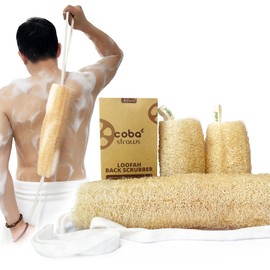 Coba Straws Natural Loofah Exfoliating Back & Body Scrubber Set | 40" Natural Whole Loofah Back Scrubber with Handles for Deep Cleansing | 100% Plant-Based Eco Luffa Shower Sponges for Women & Men