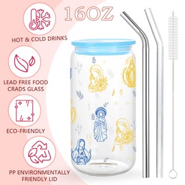 Kihraw Our Lady of Fatima Glass Cup, Catholic Marian Drinking Glasses 16 oz Iced Coffee Cup Religious Guadalupe Tumblers for Birthday Wedding Party Gifts Include 2 Straw & 1 Cleaning Brush