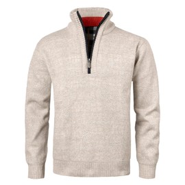 KTWOLEN Mens 1/4 Zip Neck Jumper Sweater Ribbed Pullover Casual Long Sleeve Knitwear Fleece Lined Zip Jumpers Tops, Beige, XL