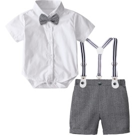 A&J DESIGN Baby Boy Gentleman Outfit Toddler Easter Suspenders Formal Suits 9-12 Months White and Gray
