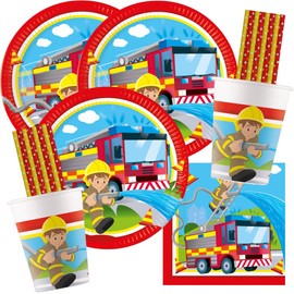spielum 68-Piece Party Set Fire Brigade Firefighters Plates Cups Napkins Straws for 16 Children