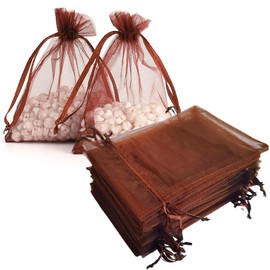 Dkrsyz Packs of 50 Gift Organza Bags Brown Drawstring 4x6 Inch for Baby Shower,Christmas,Teen Birthday,Party Favor,Wedding,Graduation Sheer Mesh Fabric Wrap Ribbon Sachet for Jewelry,Candy,Necklace