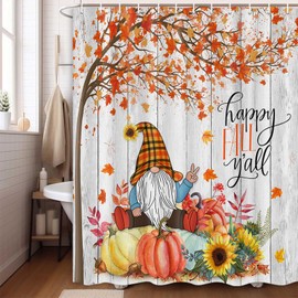 Boziqr Fall Gnome Thanksgiving Shower Curtain, Autumn Maple Tree Leaves Pumpkin Bathroom Curtains, Farmhouse Harvest Rustic Decor with Hooks Set 70 x 70 Inch