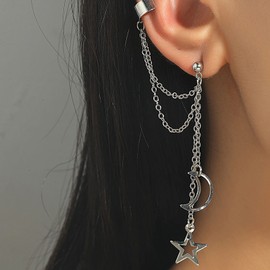 TseenYi Moon Star Cuff Chain Earrings Long Chain Tassel Ear Cuff Moon Star Drop Chain Earrings Long Dangling Earrings Jewelry for Women and Girls Gifts(Silver)