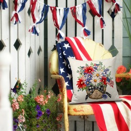 FUYUCHEN 4th of July Eucalyptus Flowers Throw Pillow Cover 18 x 18 Inch America Flag Bow Patriotic Independence Memorial Day Pillow Case for Sofa Couch Decoration