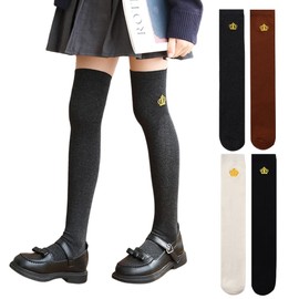 ZGKULAEAOW Knee High Socks, Kids' Crew High Socks, Junior Socks, Girls, Knee High, Children, One Point, Length 19.7 inches (50 cm), Embroidery, Set of 2 Pairs, crown-black+off white